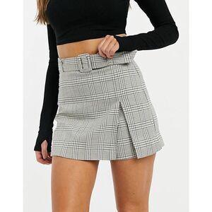 Stradivarius Belted Tan plaid side slit Skirt high waist mini shorts size US 8